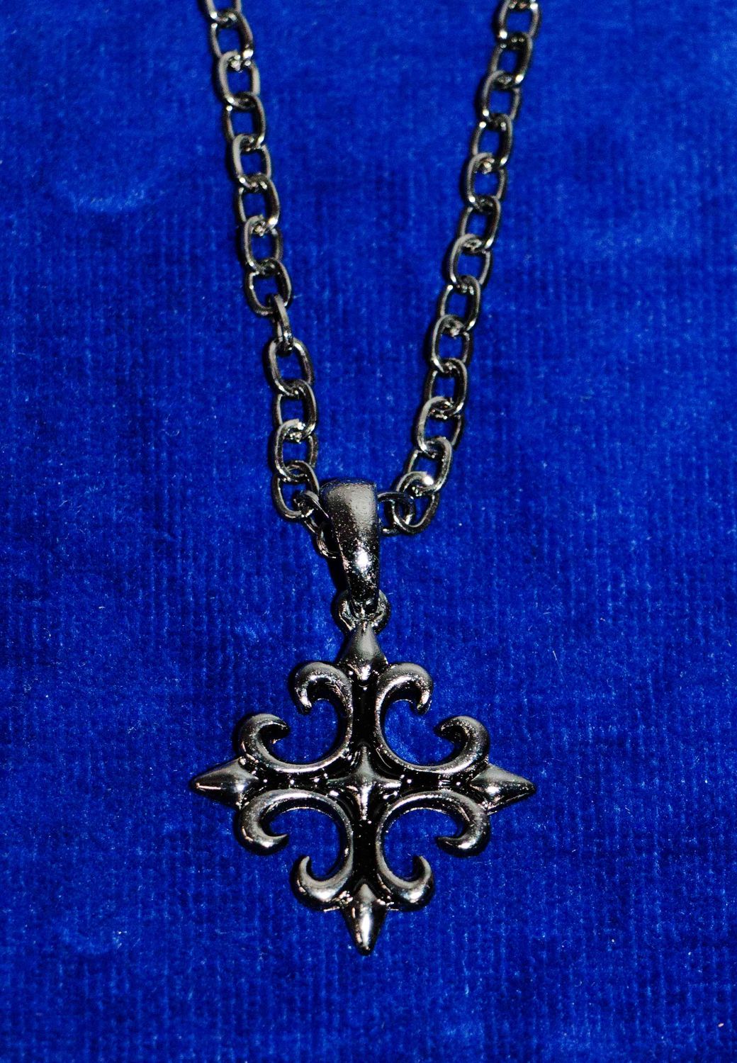 Square Dark Silver Fleur de Lis Cross Pendant Necklace