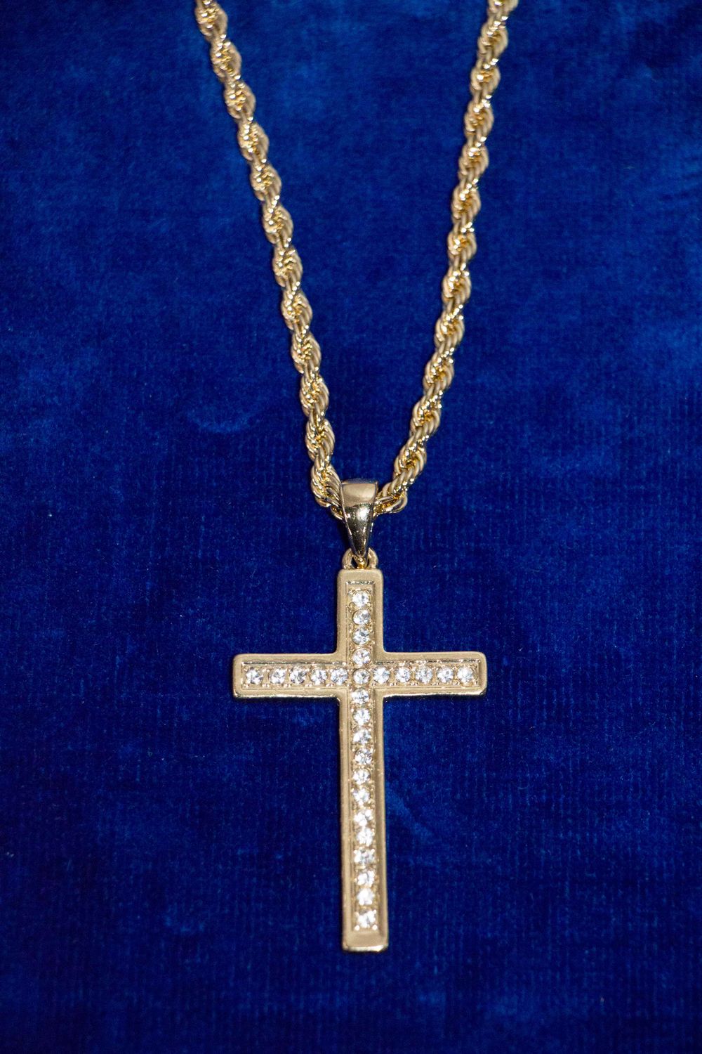 2" Gold Crucifix w/ White Stones Pendant Necklace