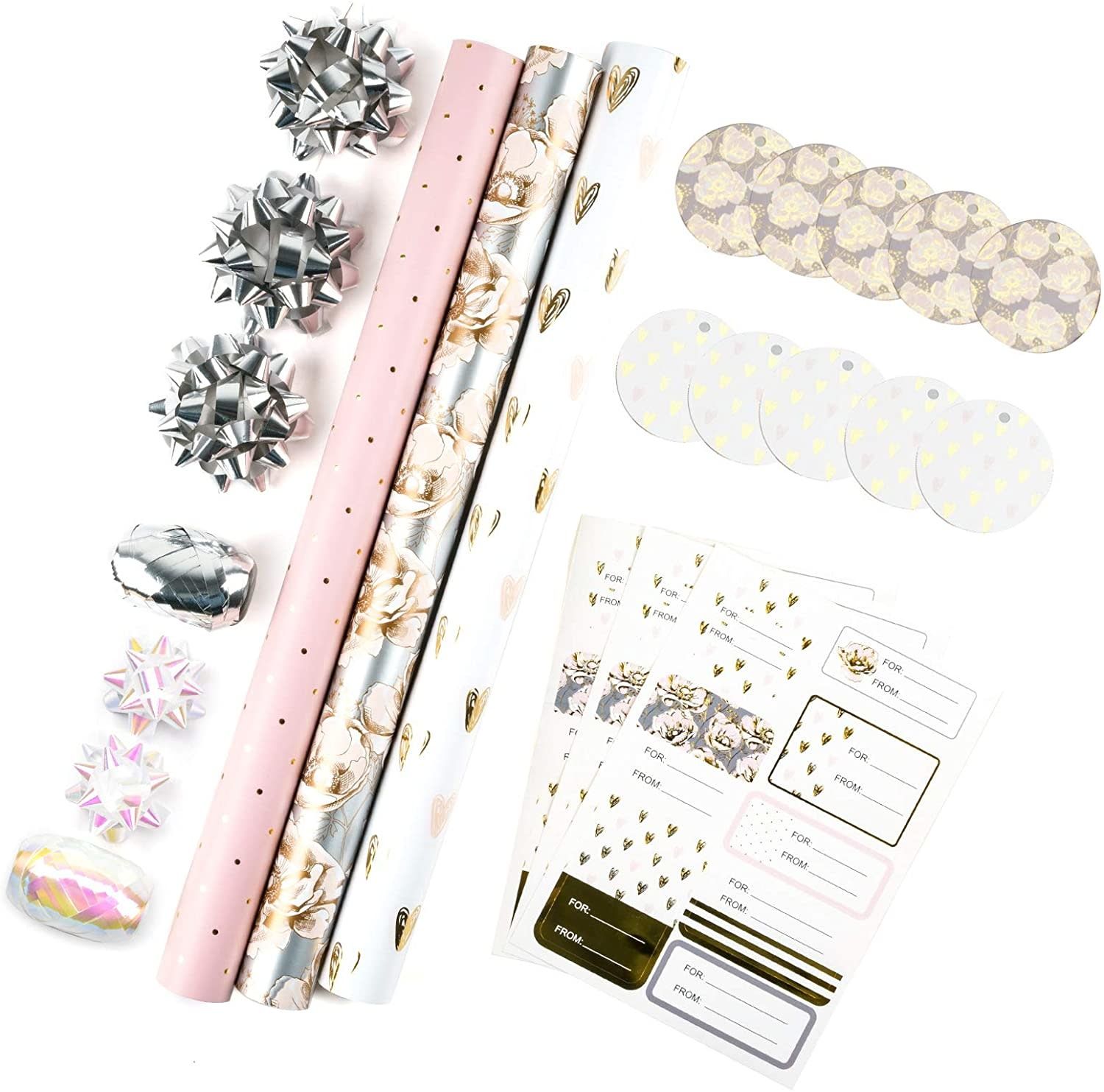 Wrapping Paper Set - Mini Roll with Bow &amp; Ribbon &amp; Gift Tags &amp; Stickers- 17 inch X 120 inch Per roll
