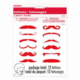 Red Mustache Finger Tattoos, 12ct