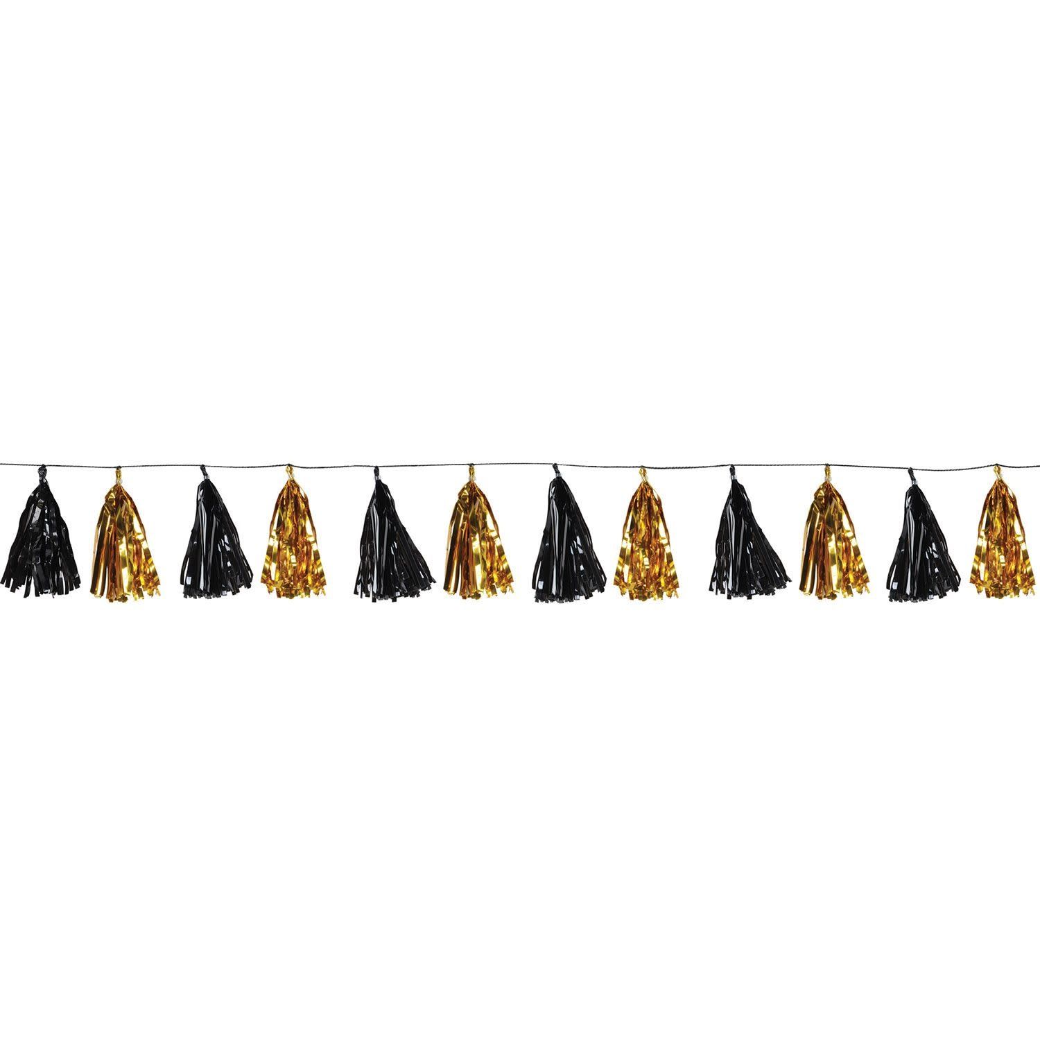 Metallic Tassel Garland GOLD & BLk Size: 9¾" x 8' Metallic Tassel Garland GOLD & BLk Size: 9¾" x 8'