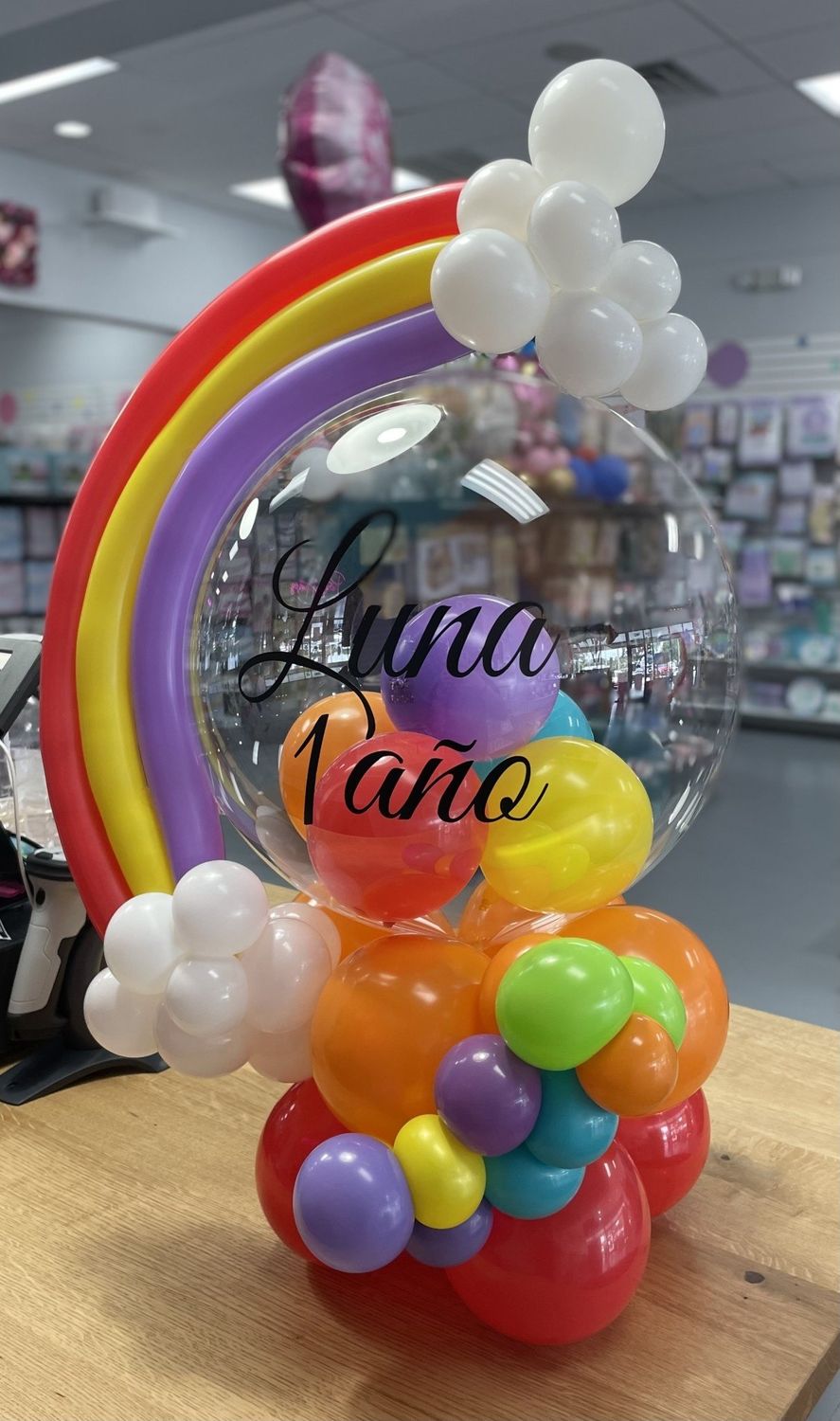 Rainbow bubble balloon centerpiece