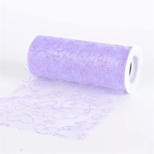 Lavender Glitter Heart Organza 6 Inch Roll 10 Yards