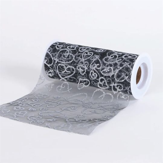 Black Glitter Heart Organza 6 Inch Roll 10 Yards