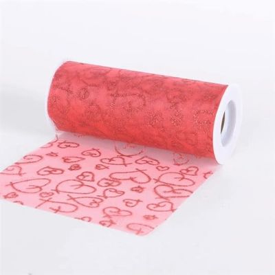 Red Glitter Heart Organza 6 Inch Roll 10 Yards