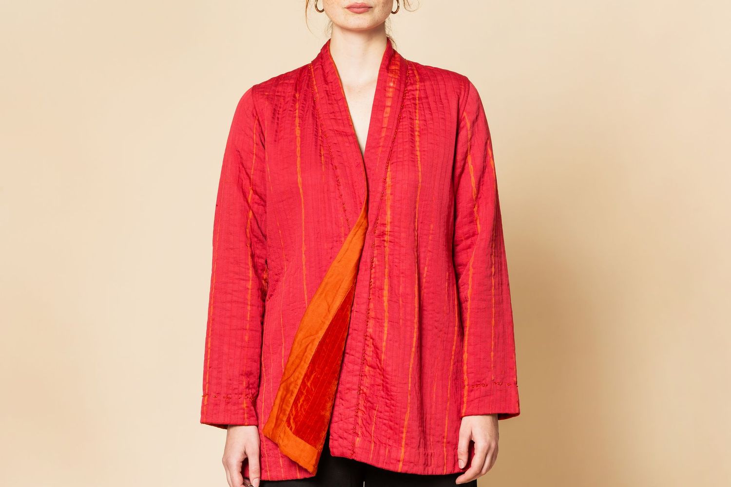 Giacca lunga collo sciallato colore rosso, taglie: S (spalle 36-lungh.76)