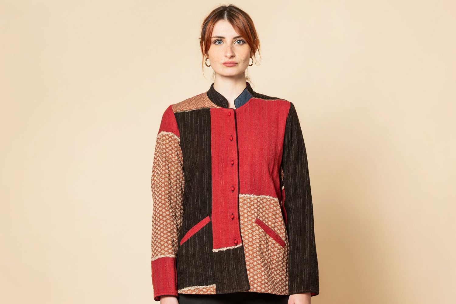 Giacca patchwork serie lana color rosso, taglie: S (Spalle 37-lungh.66)