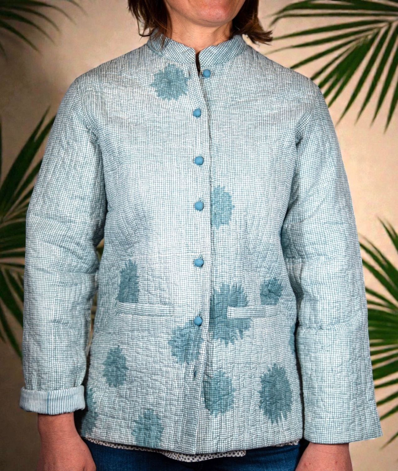 Guru Jacket in Quilted Cotton – Black & White / White & Light Blue