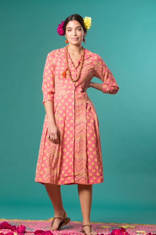 Pink & Orange Block Print Chemisier Dress