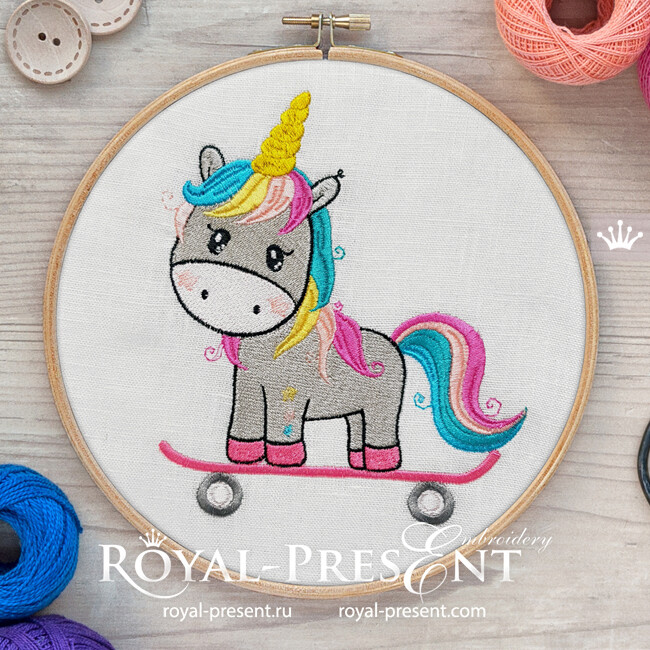Unicorn on a skateboard Embroidery Design - 2 sizes