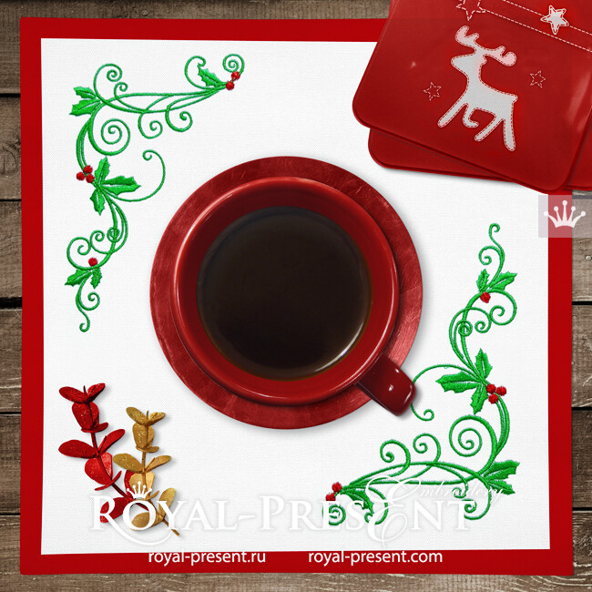 Christmas corner with holly Design for machine embroidery - 6 sizes