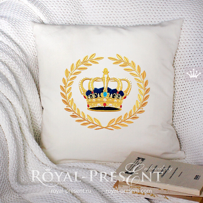 Crown in Laurel Wreath Machine Embroidery Design - 4 sizes