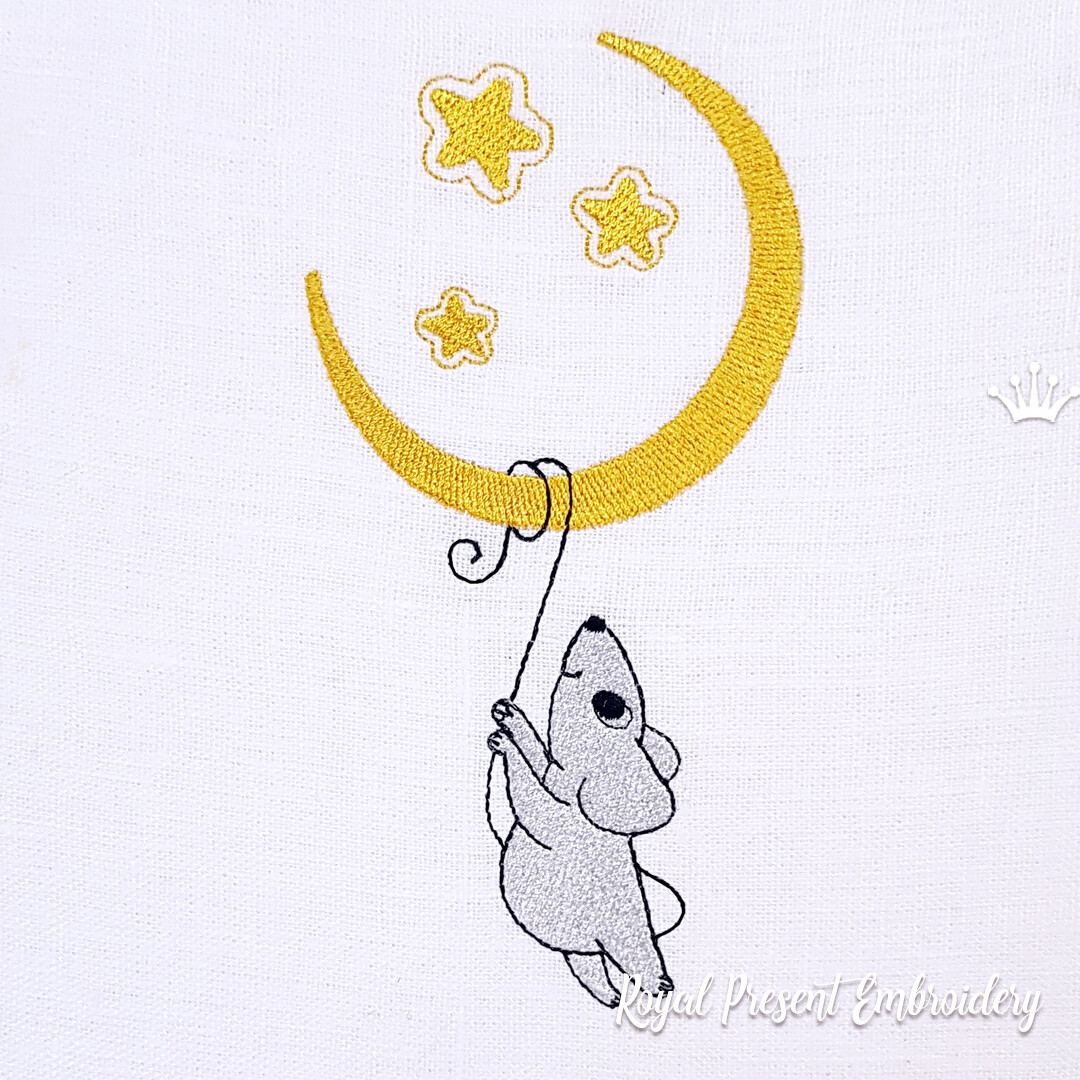 Little mouse hanging on the moon Machine Embroidery Design