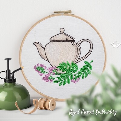 Kettle with Astragalus flowers Machine Embroidery Design - 4 sizes