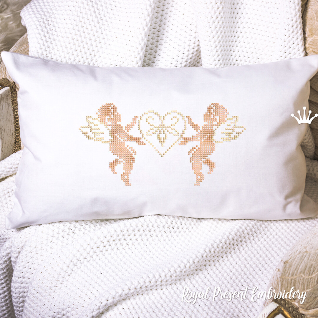 Two Angels with a Heart Cross-stitch Machine Embroidery Design - 2 sizes