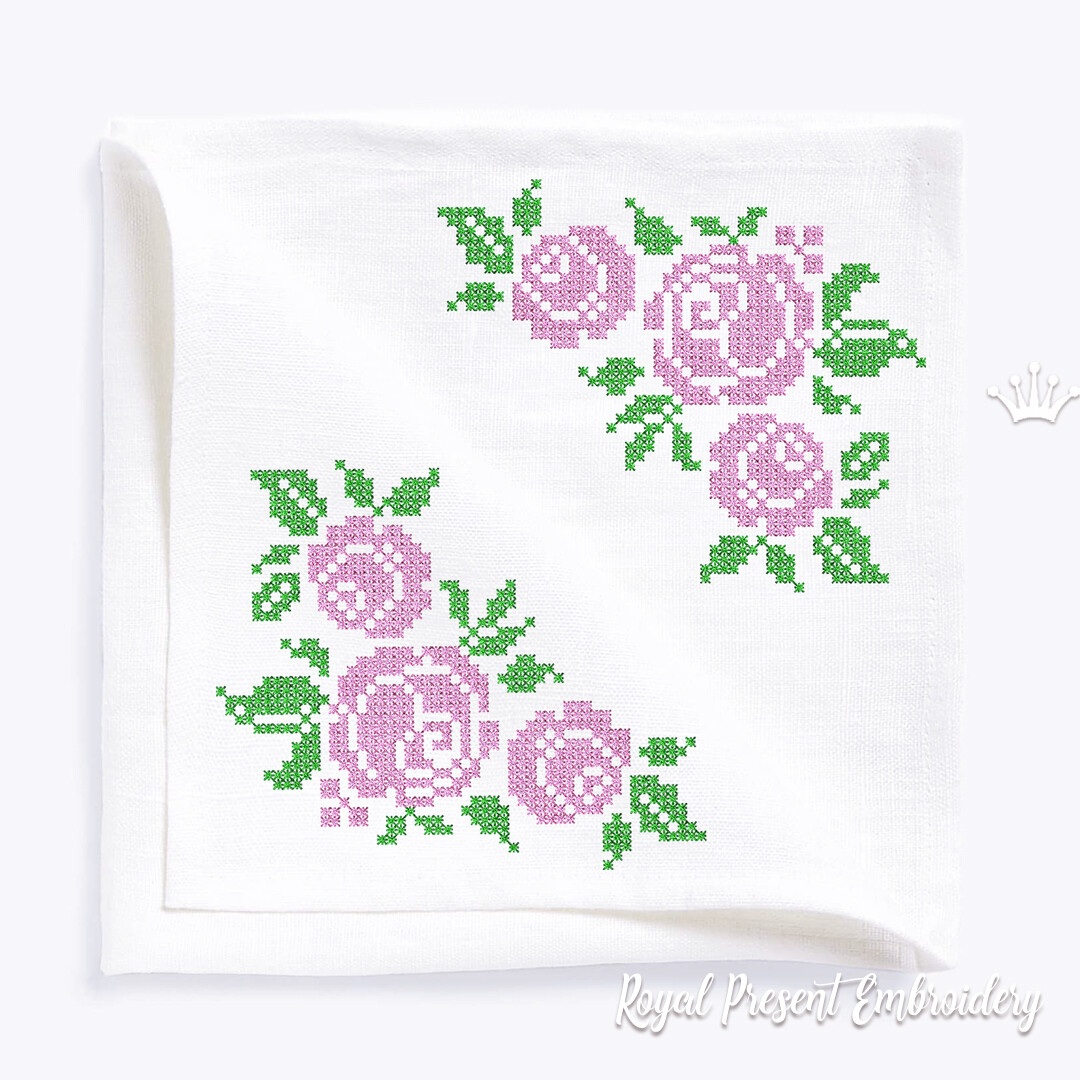 Pink Roses corner Cross-stitch Machine Embroidery Design - 3 sizes