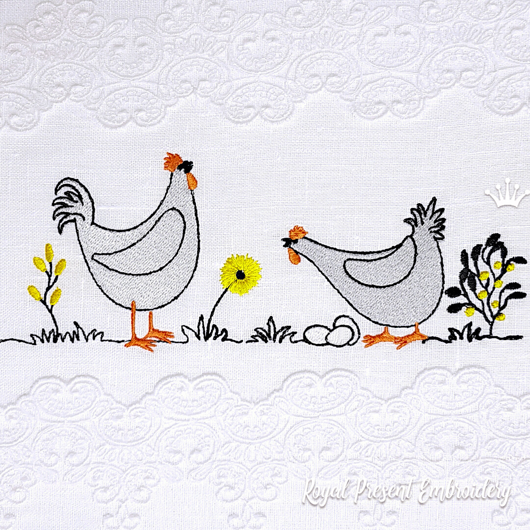 Rooster and Chicken with Eggs Machine Embroidery Designs - 2 sizes