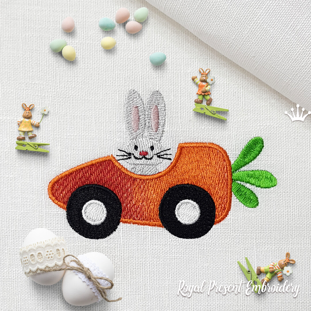Carrot Bunny Car Machine Embroidery Design - 2 sizes