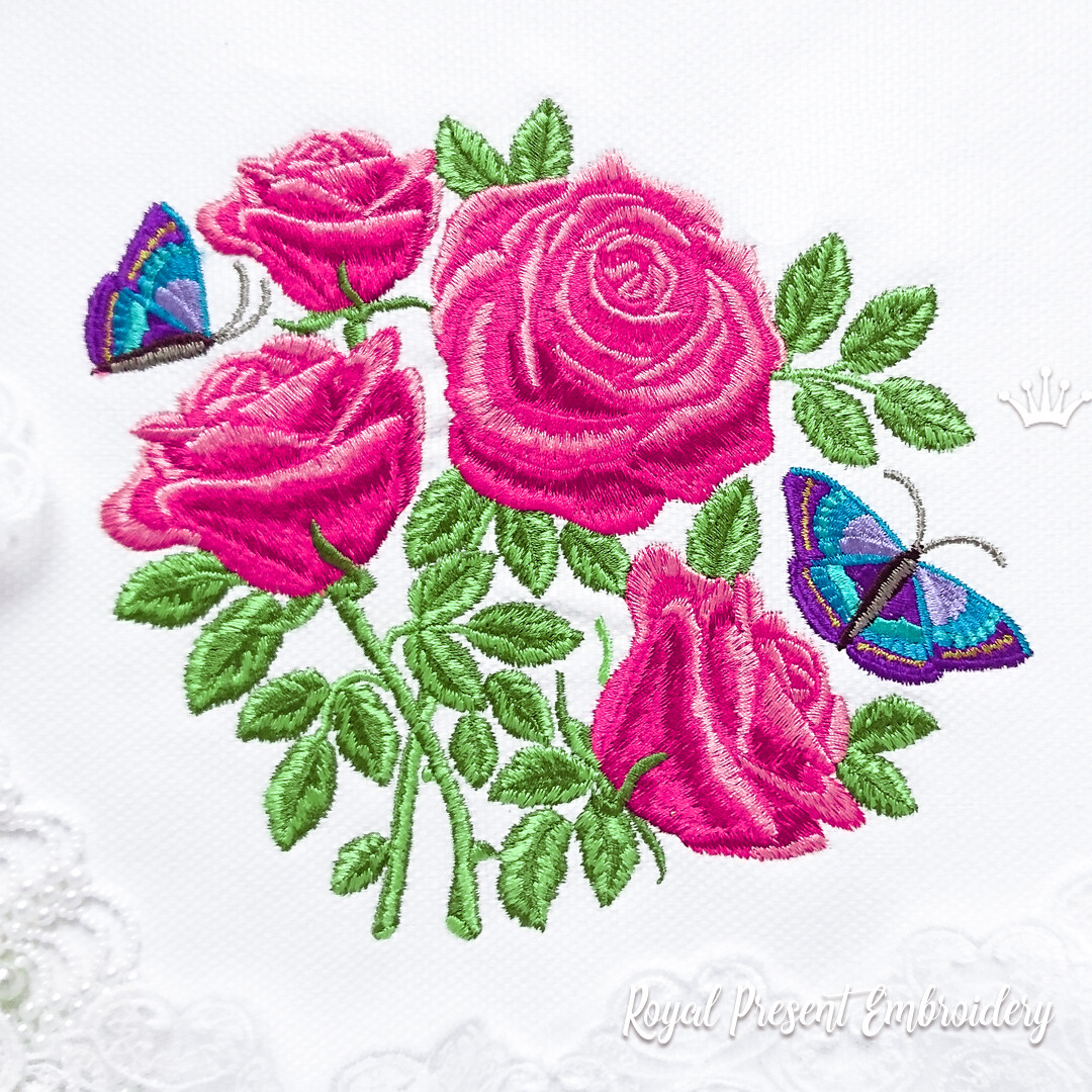Garden roses with butterflies Machine Embroidery Design 4 sizes