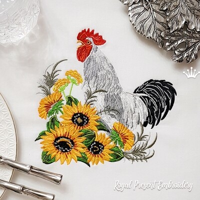 Rooster in a thicket of sunflowers Machine Embroidery Design - 5 sizes