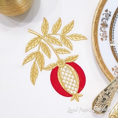 Golden Pomegranate Branch Machine Embroidery Design - 6 sizes