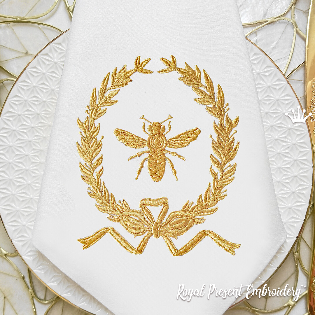 Bee with Laurel wreath Machine embroidery design - 2 sizes