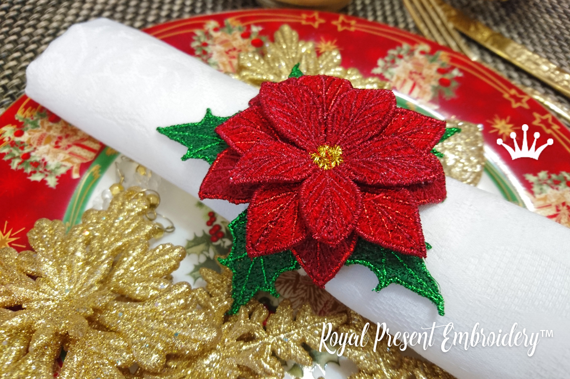 Poinsettia Christmas Star Napkin Ring FSL Machine Embroidery Design