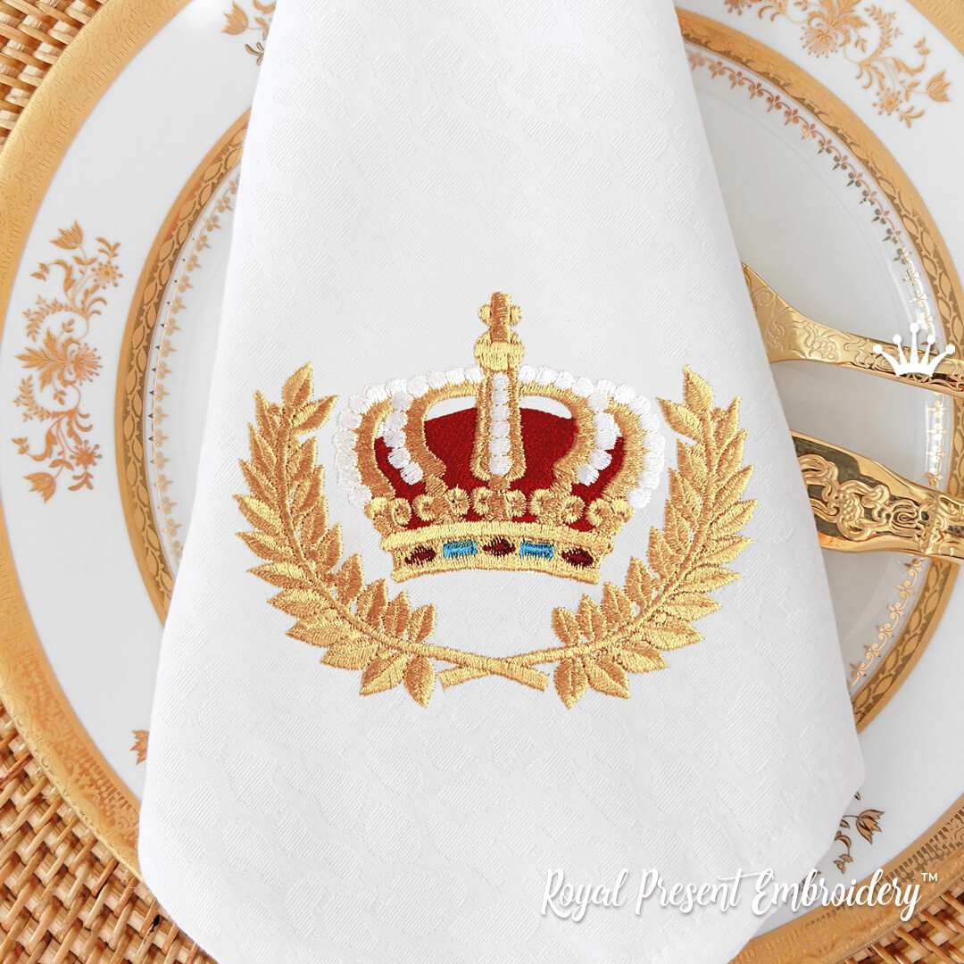 Crown in Laurel Wreath Embroidery Design - 3 sizes