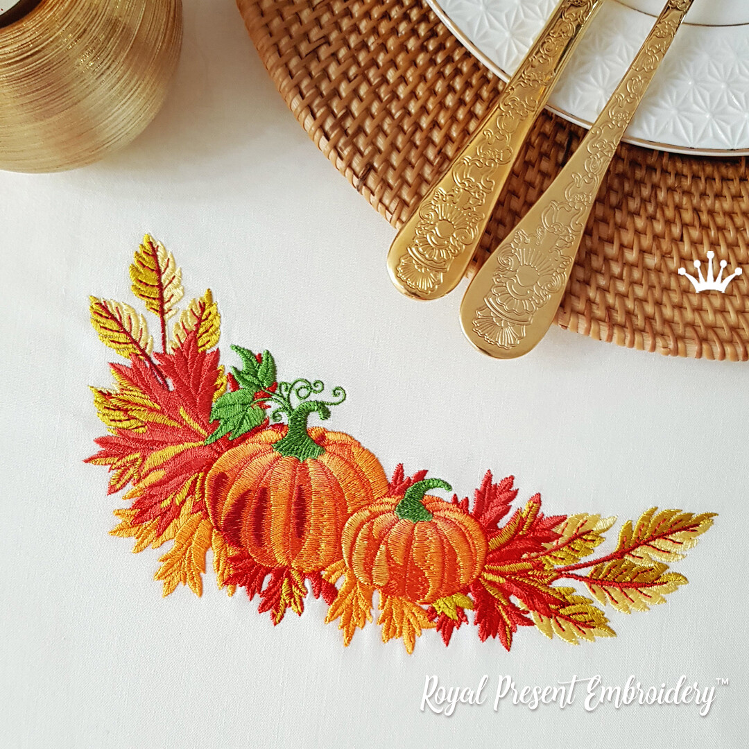 Pumpkin corner with leaves Machine Embroidery Design - 2 sizes