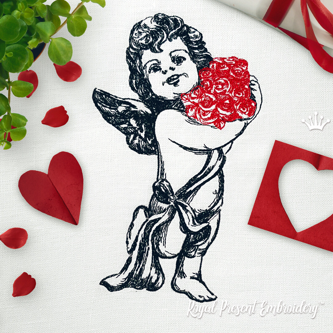 Angel with Roses Machine Embroidery Design - 4 sizes