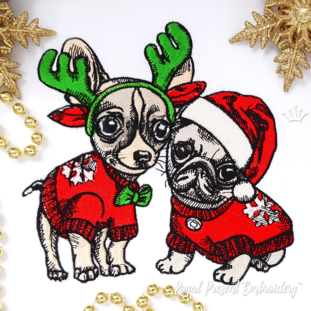 Machine Embroidery Design Christmas Puppies Pug and Chihuahua - 2 sizes