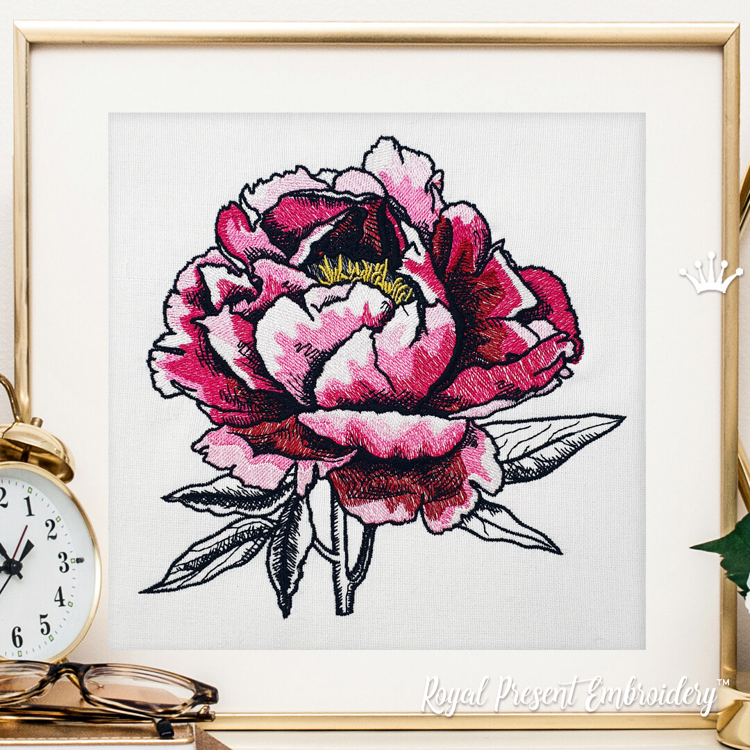 Pink Peony with Leaves Machine Embroidery Design - 7 sizes