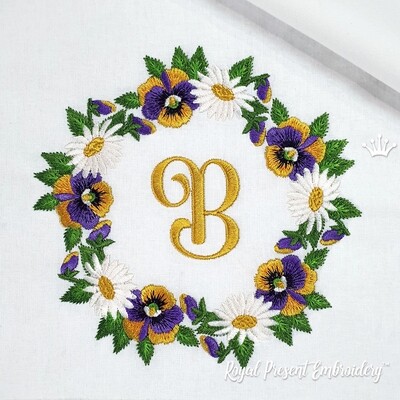 Pansies with daisies wreath Machine embroidery design - 2 sizes