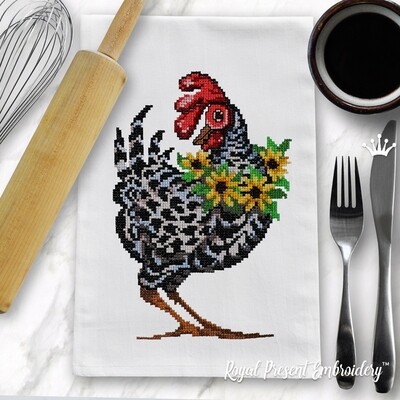 Rooster with sunflowers cross-stitch Machine embroidery design - 2 sizes