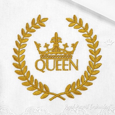 Inscription Queen with a Crown in a Wreath Machine Embroidery Design - 2 sizes
