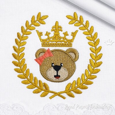 Baby Princess Teddy Bear Girl Laurel Crown Embroidery Machine Design - 2 sizes