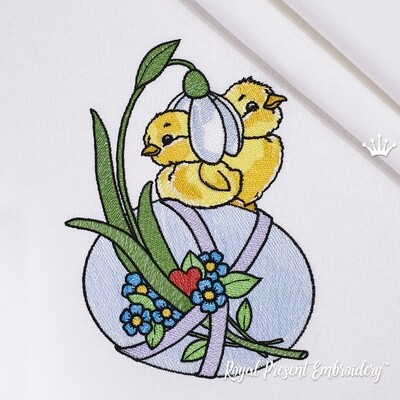 Easter Chickens with Snowdrops Machine Embroidery Design - 3 sizes