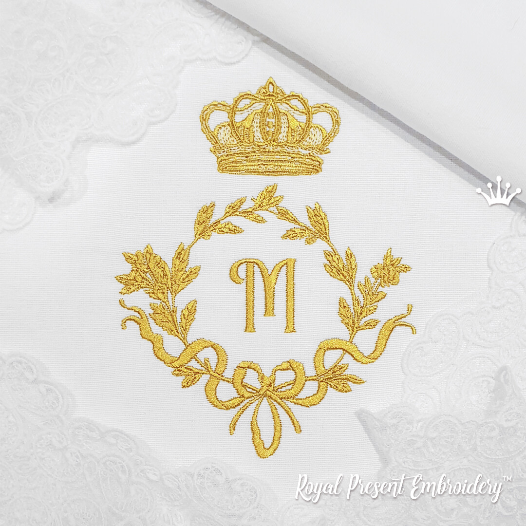 Floral Monogram Frame with Crown Machine Embroidery Design - 3 sizes