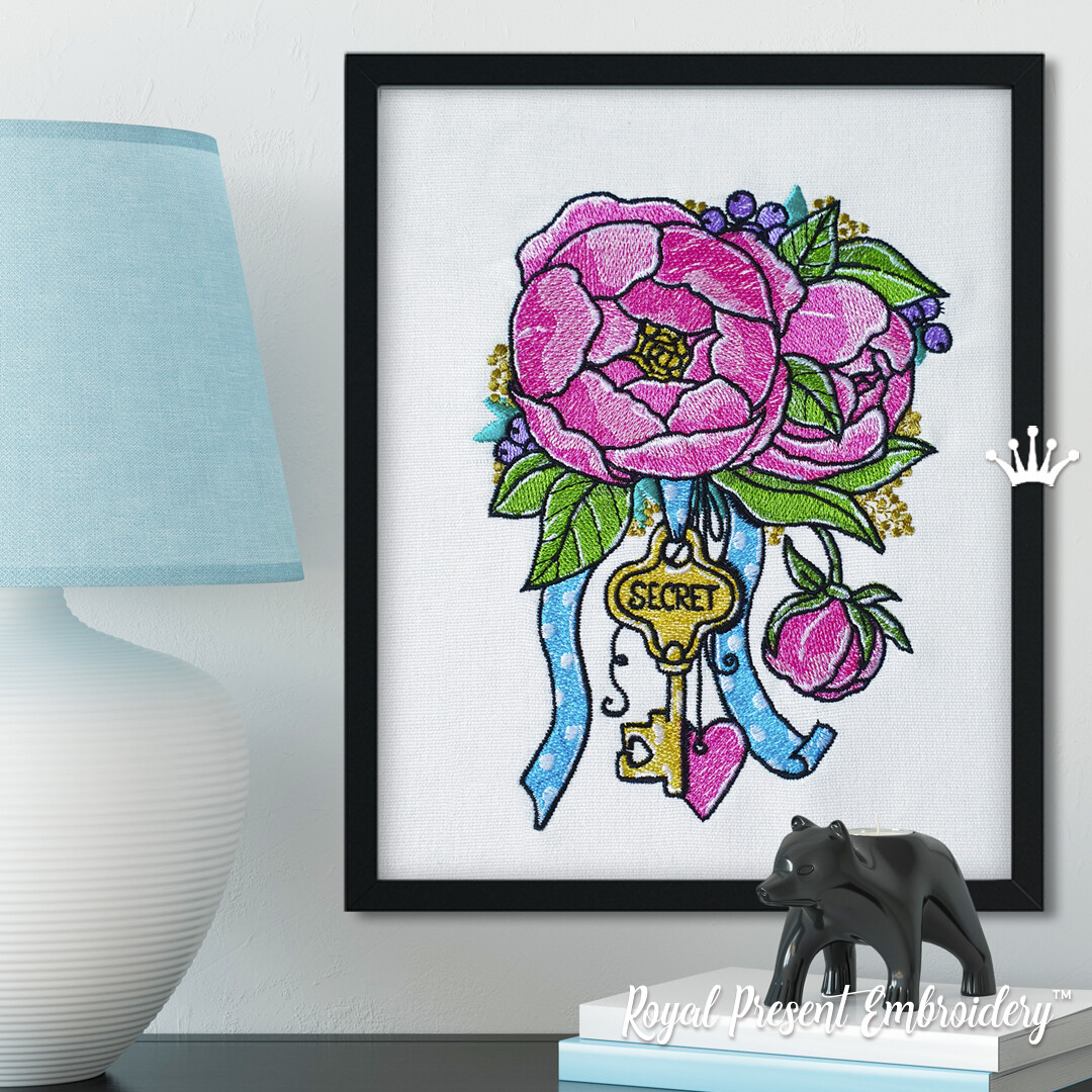 Peonies with a key Machine embroidery design - 3 sizes