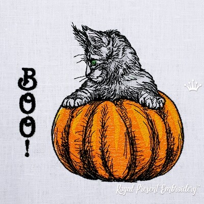 Kitten on a pumpkin machine embroidery design - 3 sizes