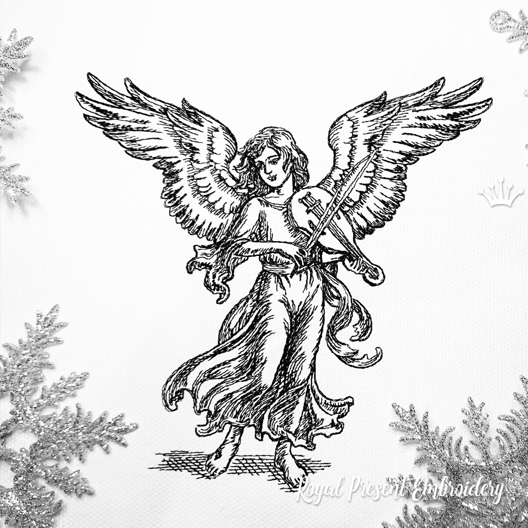 Christmas Angel with violin Line Art Machine Embroidery Design