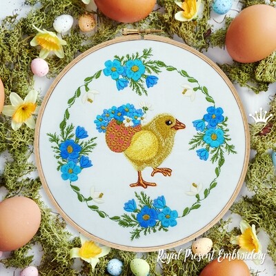 Easter Chicken with forget-me-nots wreath Machine Embroidery Design - 2 sizes