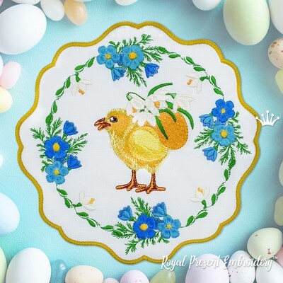ITH Easter chicken with snowdrops placemat embroidery design - 4 sizes