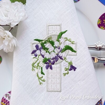 Machine Embroidery Design Lace Easter Cross with lilies of the valley - 2 sizes