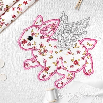 Angel flying Baby Bunny Applique Embroidery Design - 5 sizes