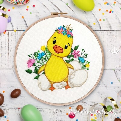 Easter Duckling with Flowers Digital Embroidery Design