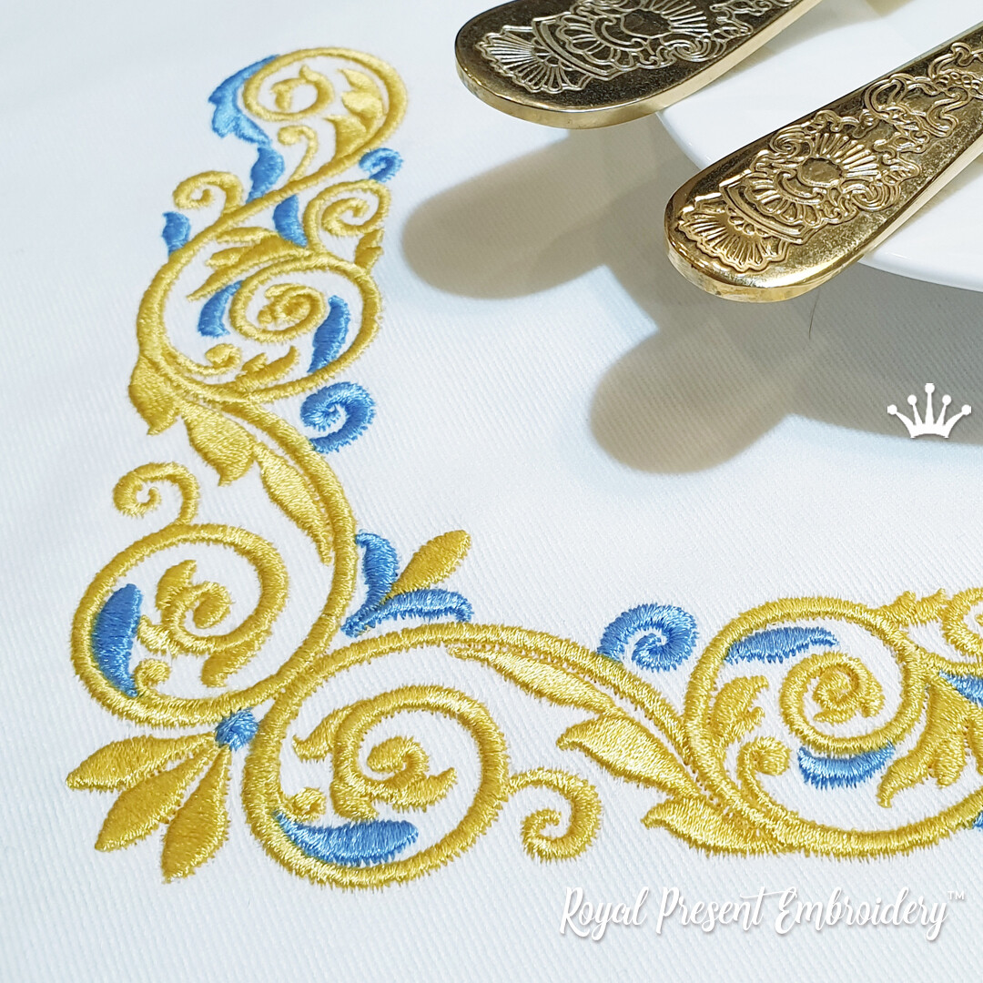 Gold with a blue Corner Machine Embroidery Design - 3 sizes