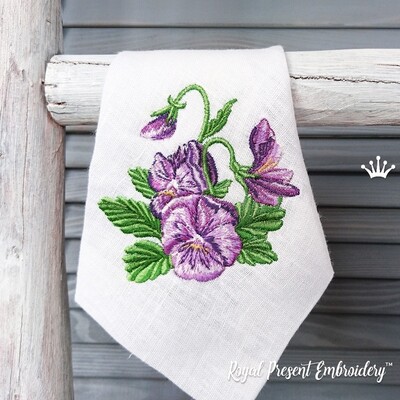 Machine Embroidery Design Purple pansy viola flowers - 2 sizes