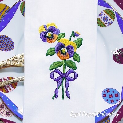 Pansies with a bow Machine Embroidery Design - 3 sizes