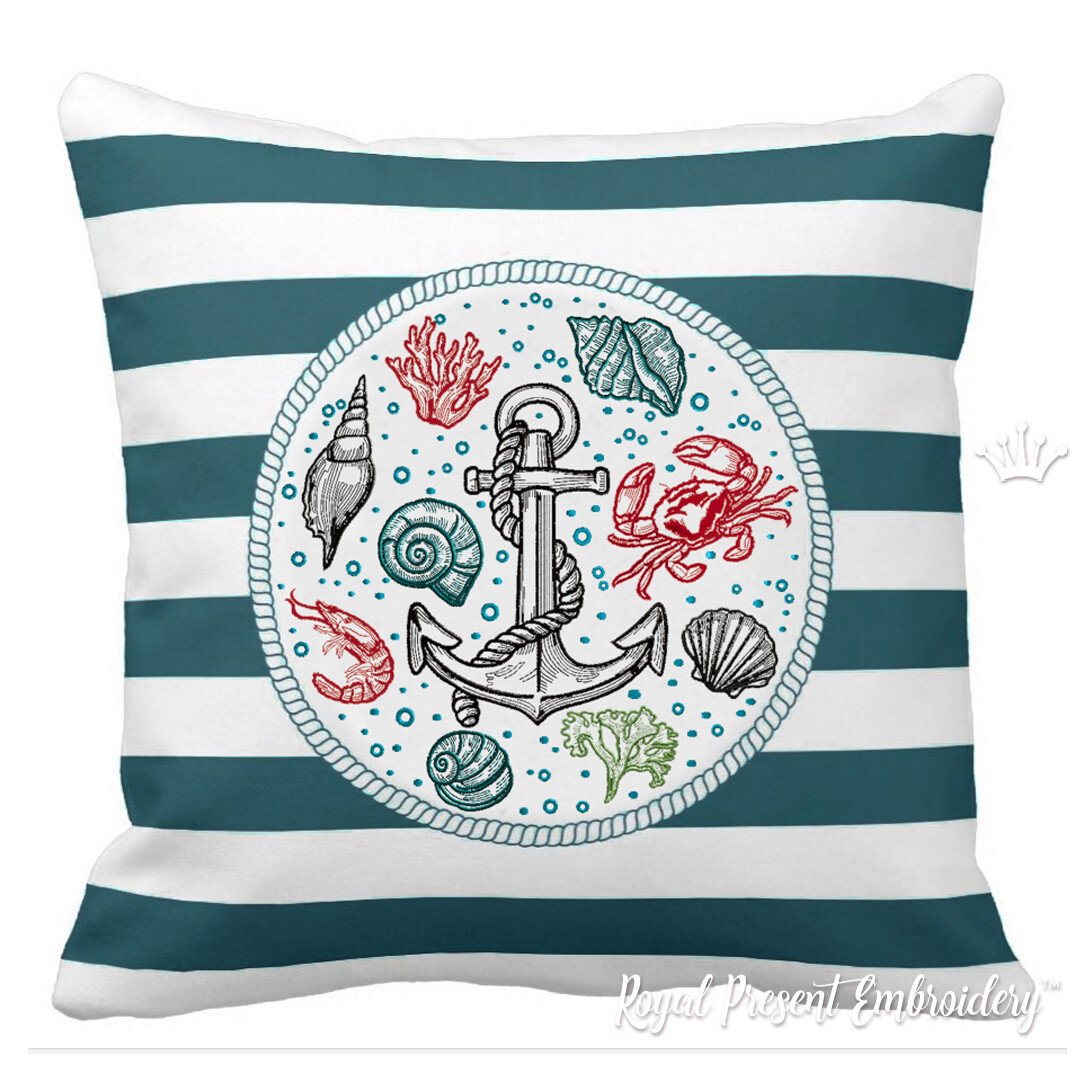 Machine Embroidery Design Shrimp, Seashell, Coral, Crab, Anchor